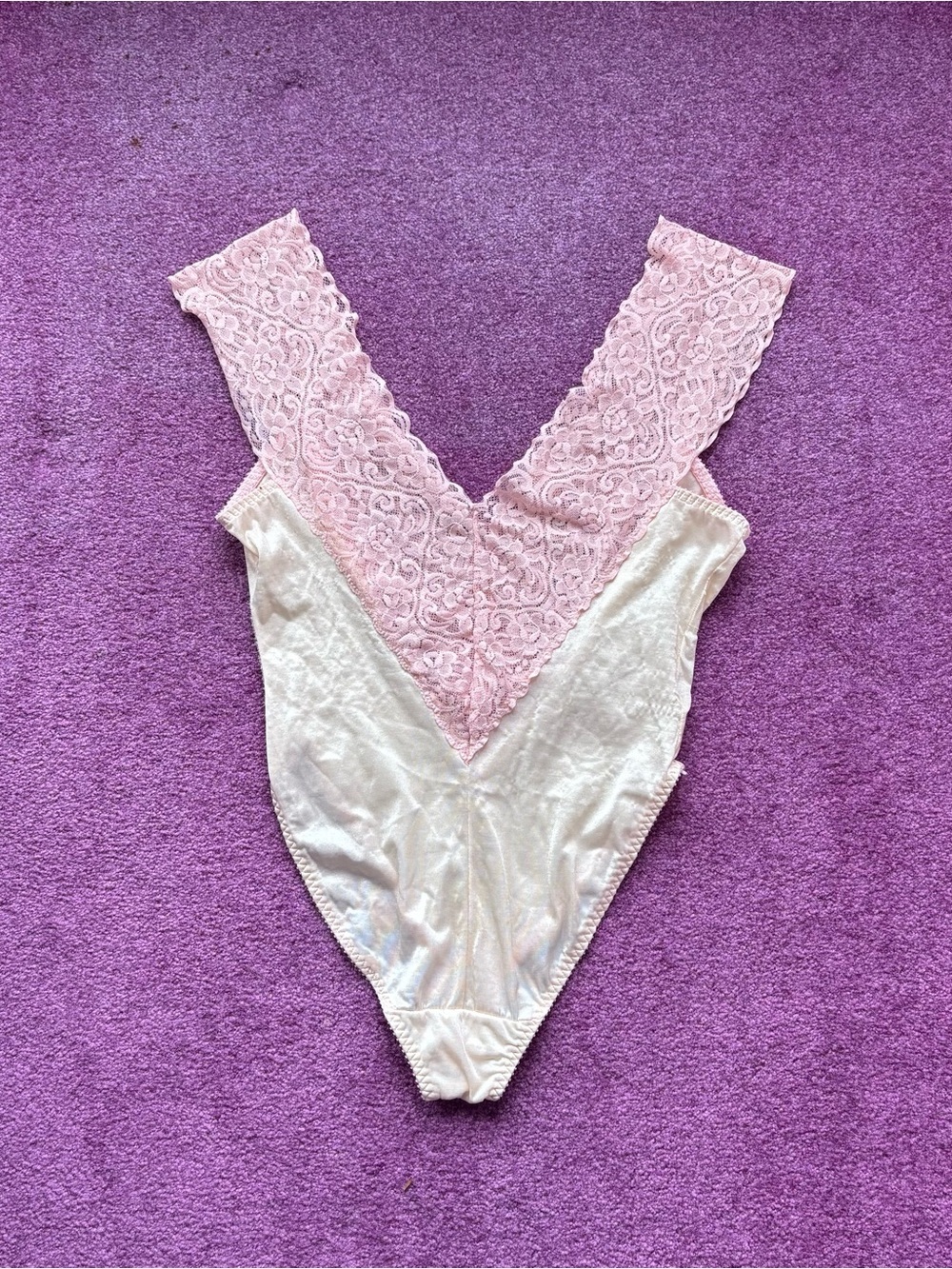 Lace-Trim V-Front Bodysuit in Pink and Cream